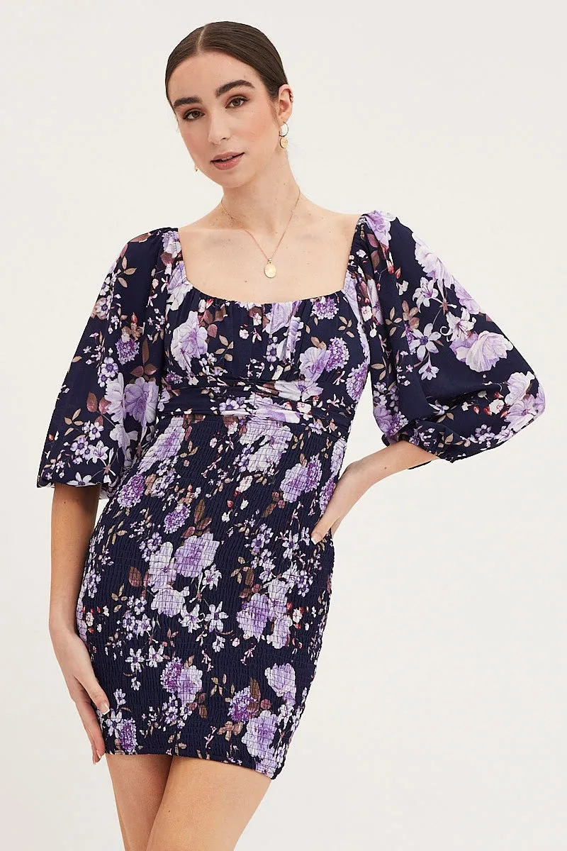 Print Shirred Dress Long Sleeve Mini Effortless Style