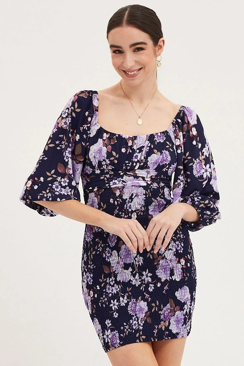 Print Shirred Dress Long Sleeve Mini AbrasionFree Edging