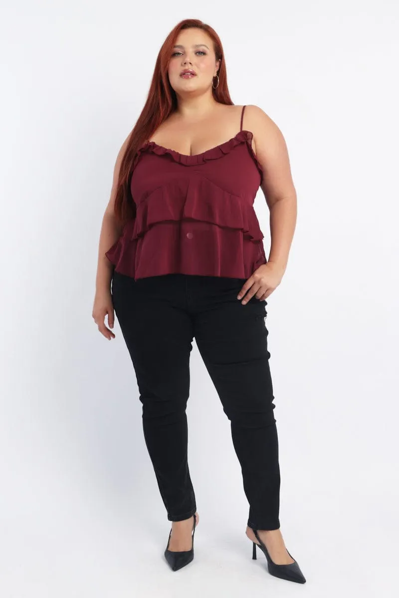 Layered Paneling CrossBackStructure Red Cami Top Sleeveless Ruffle Chiffon
