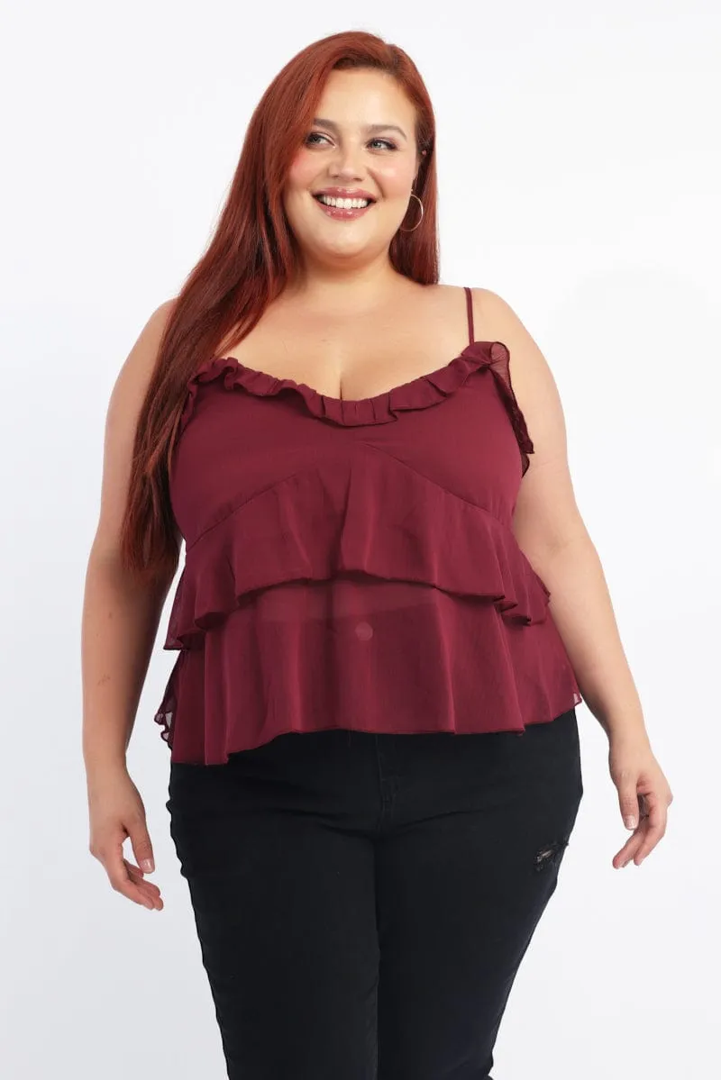 Red Cami Top Sleeveless Ruffle Chiffon Zero Waste Dense Fit
