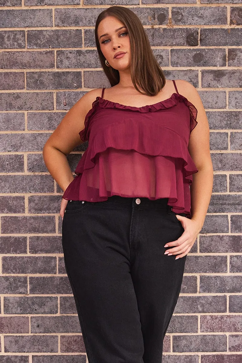 Red Cami Top Sleeveless Ruffle Chiffon Kind Soul