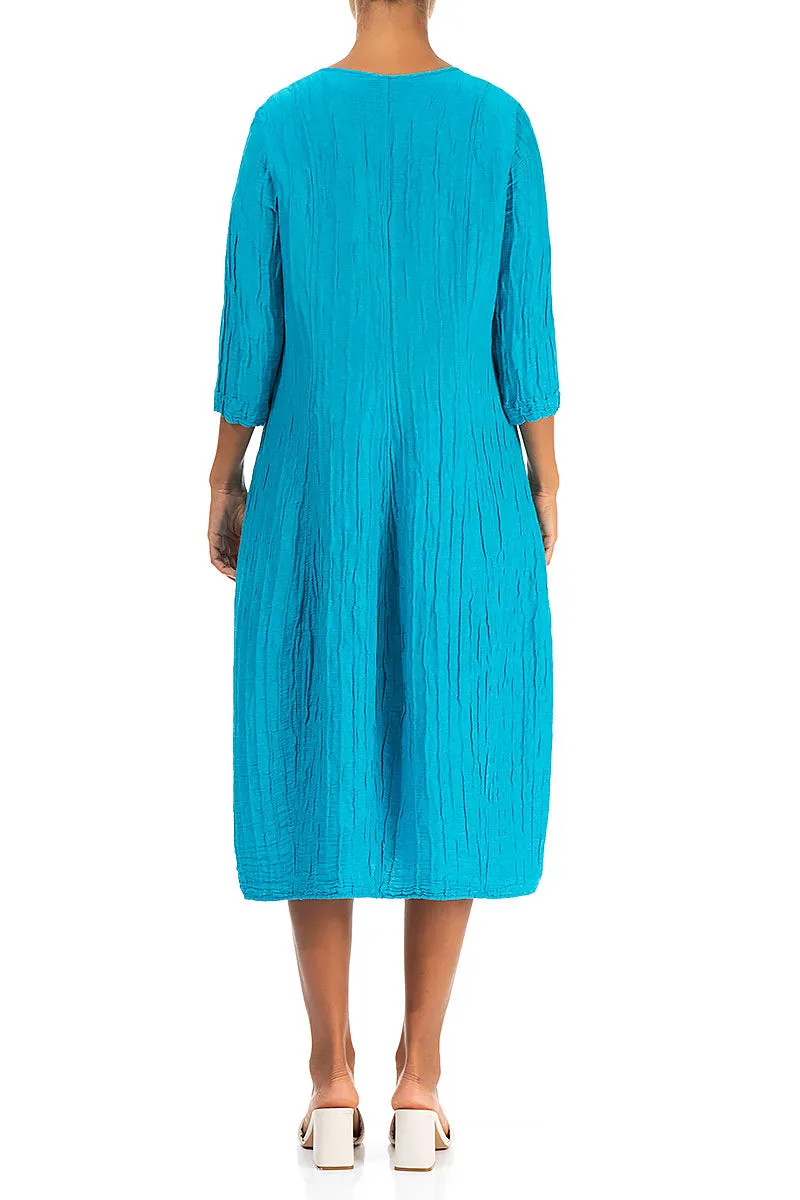 LowMaintenanceMaterial V-Neck Crinkled Bright Turquoise Silk Linen Dress