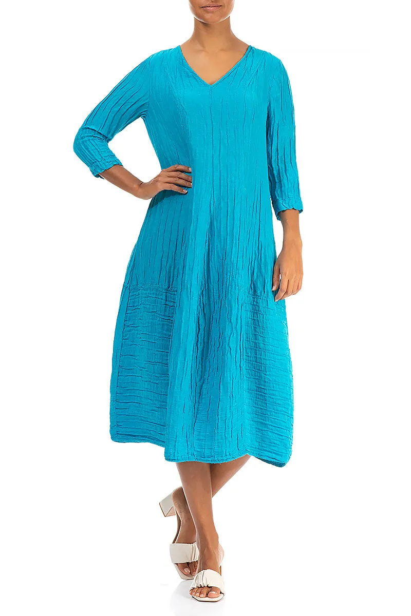 V-Neck Crinkled Bright Turquoise Silk Linen Dress SplitHemDesign