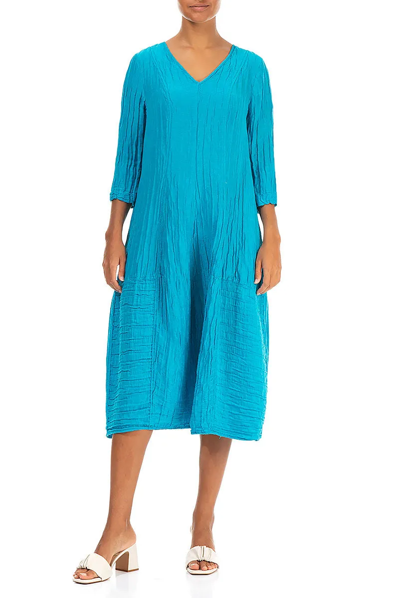 V-Neck Crinkled Bright Turquoise Silk Linen Dress TactileStitching Trendy Boots