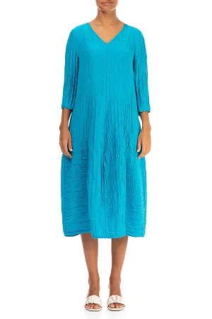 Fearless Mode V-Neck Crinkled Bright Turquoise Silk Linen Dress