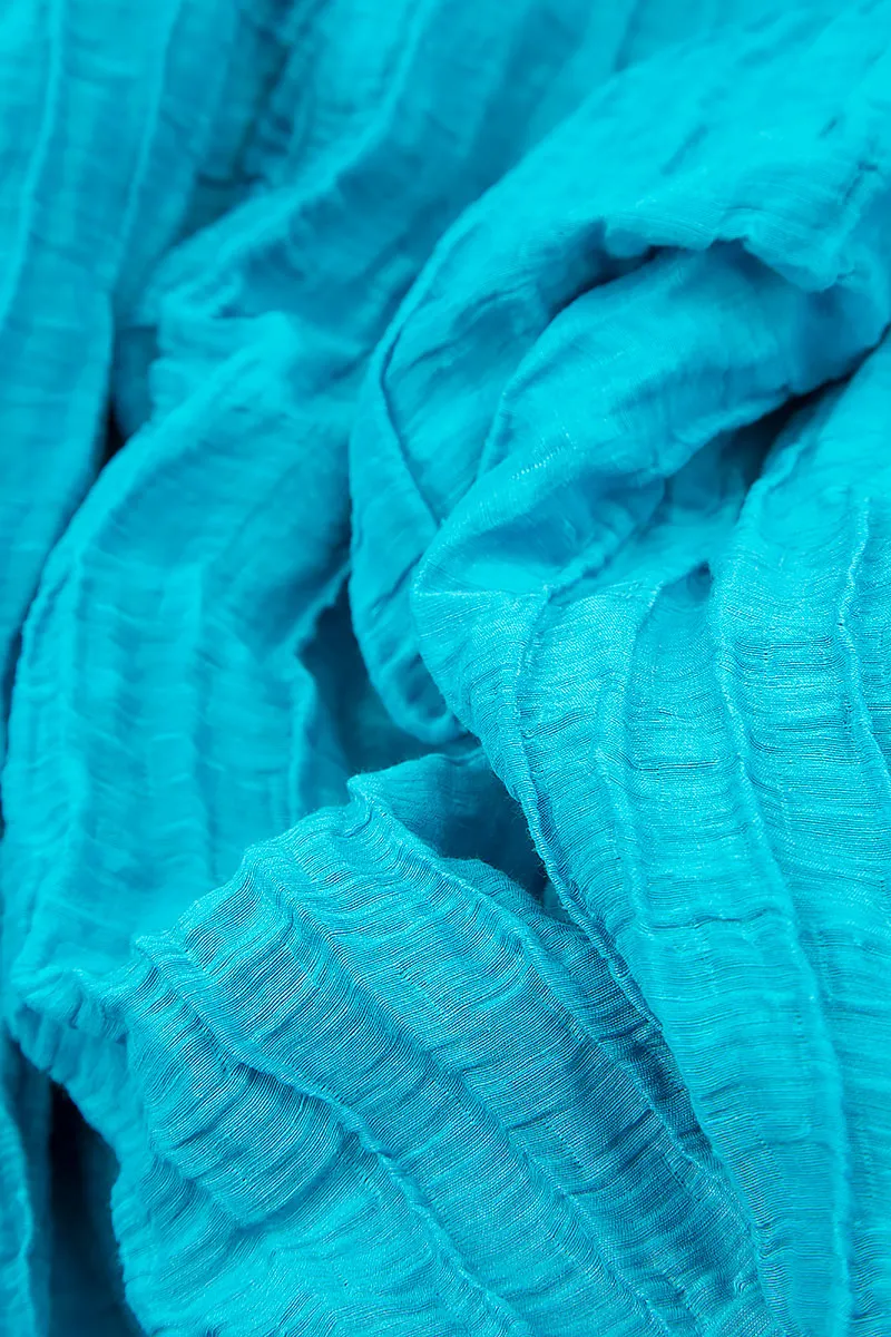 V-Neck Crinkled Bright Turquoise Silk Linen Dress Foldable Hem