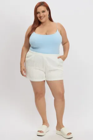 White Crochet-Look Knit Elastic Waist Shorts ButterySoftTexture Zen Ease