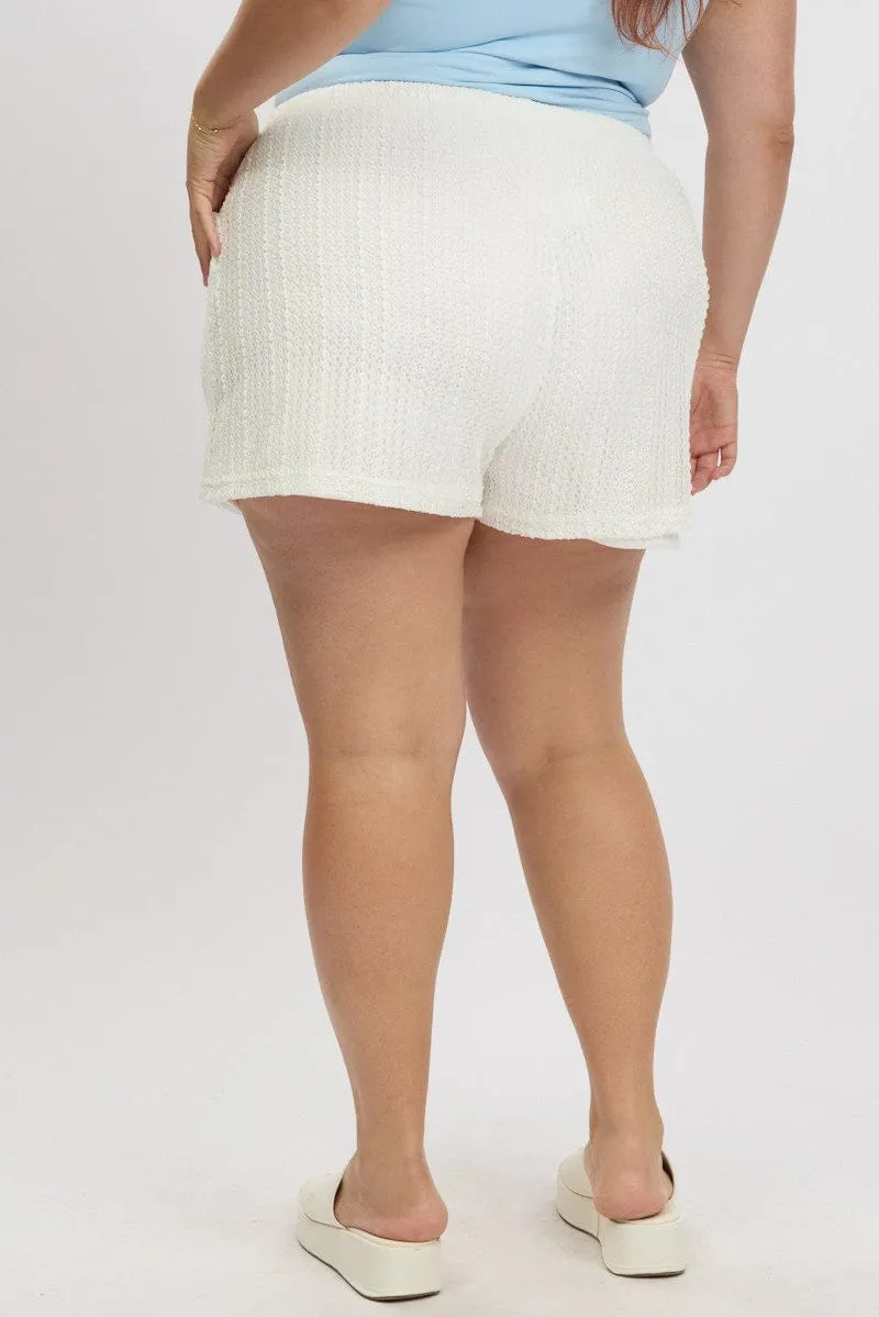 Denim style Cozy Style White Crochet-Look Knit Elastic Waist Shorts
