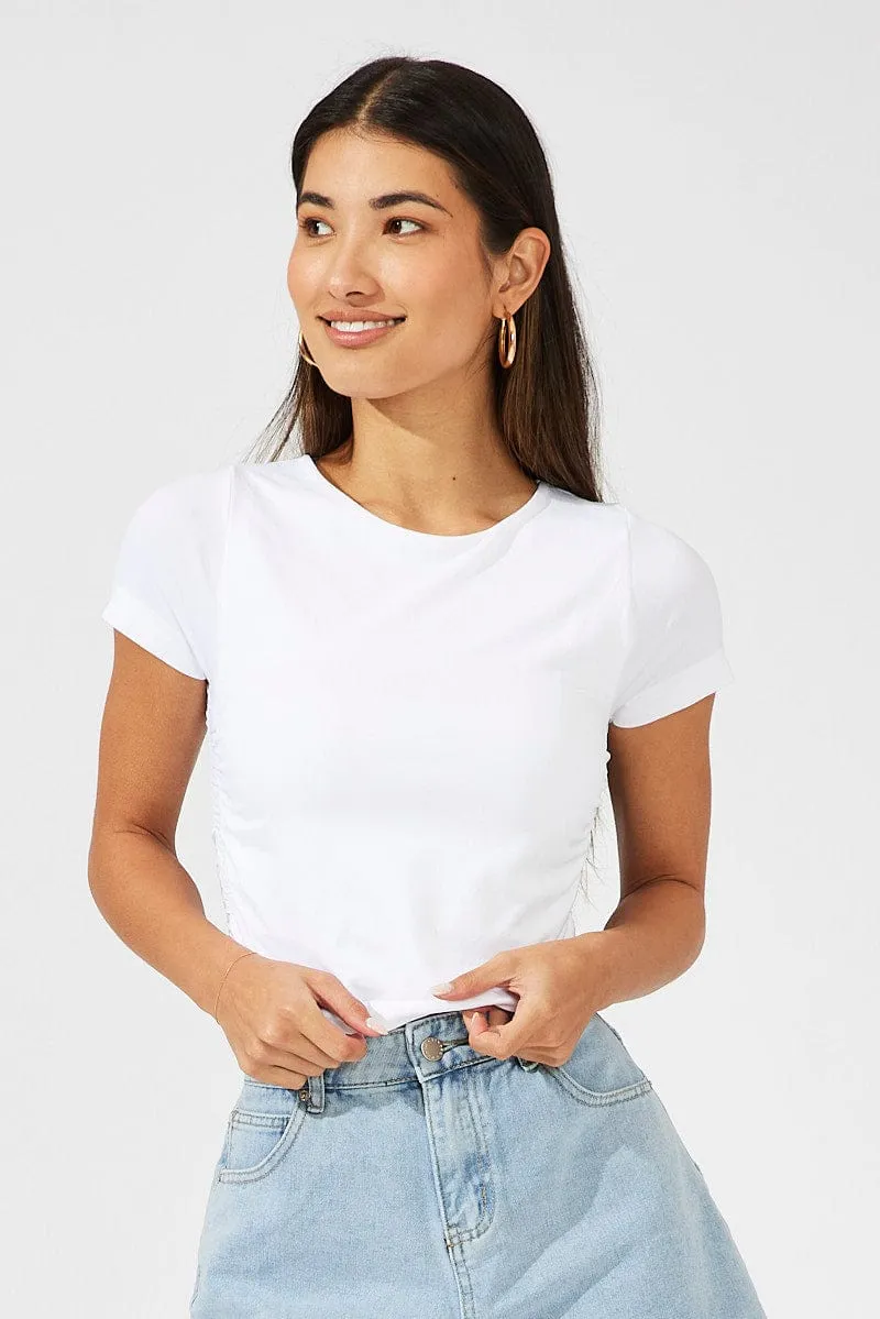 Fame Glow White T-Shirt Short Sleeve Crew Neck Ruched Seamless