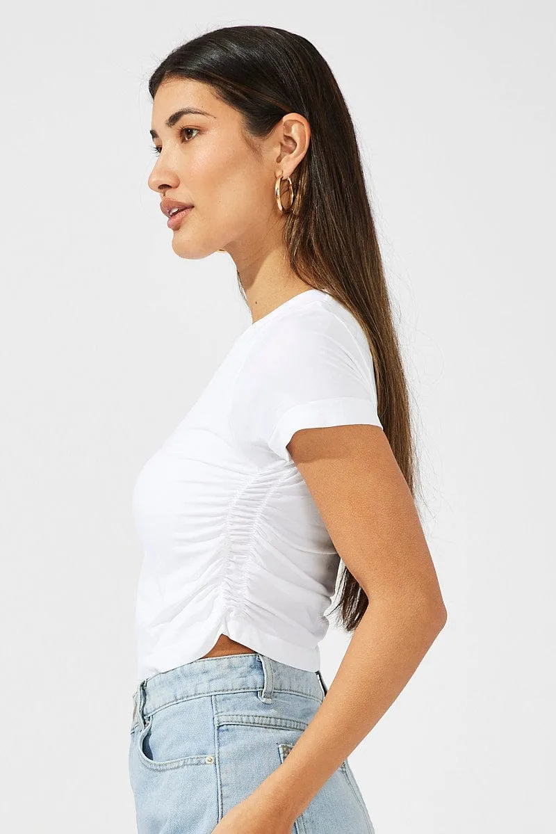 Light Jacket DurableCoverstitch White T-Shirt Short Sleeve Crew Neck Ruched Seamless