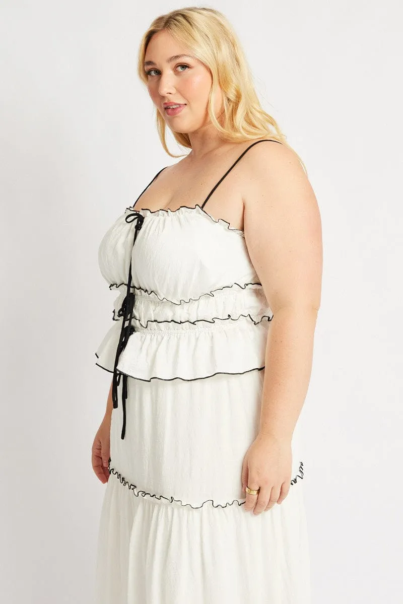 Opaque Tone White Tiered Cami Top Sleeveless Front Ribbon