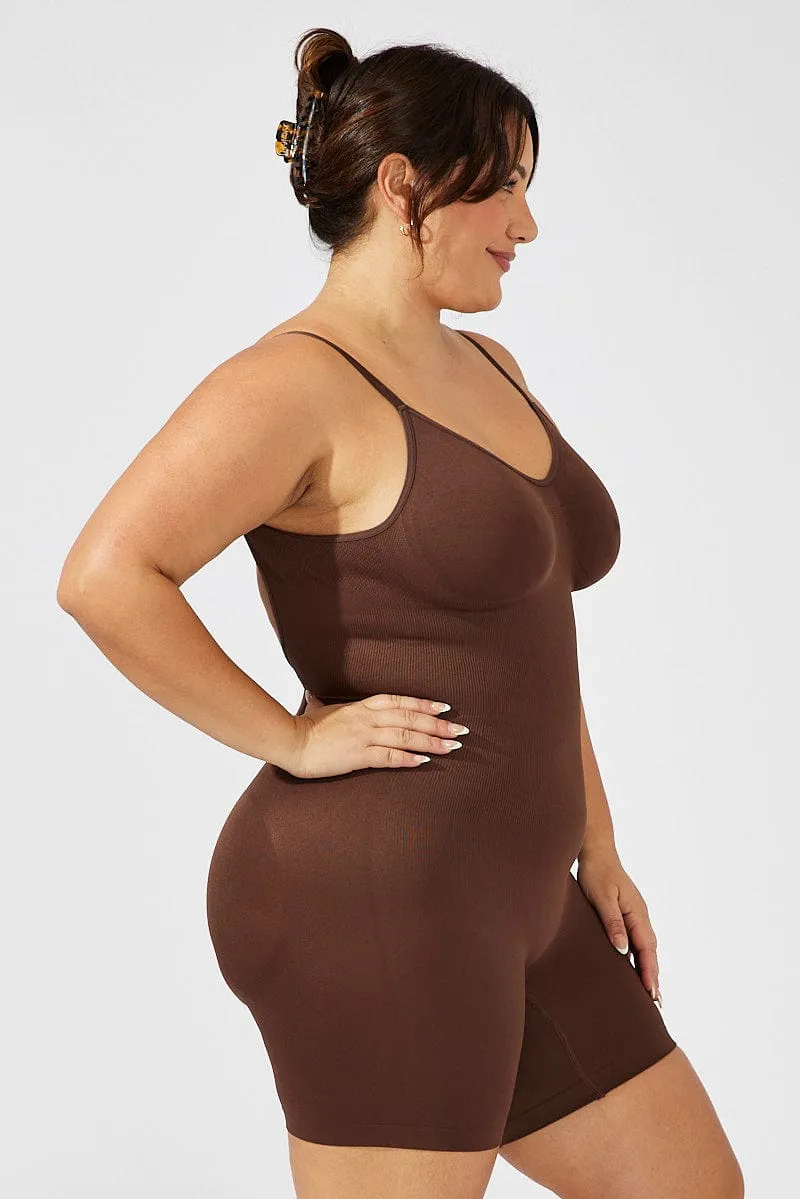 Brown Seamless Backless Sculpting Bodysuit Sharp Look Still Soul