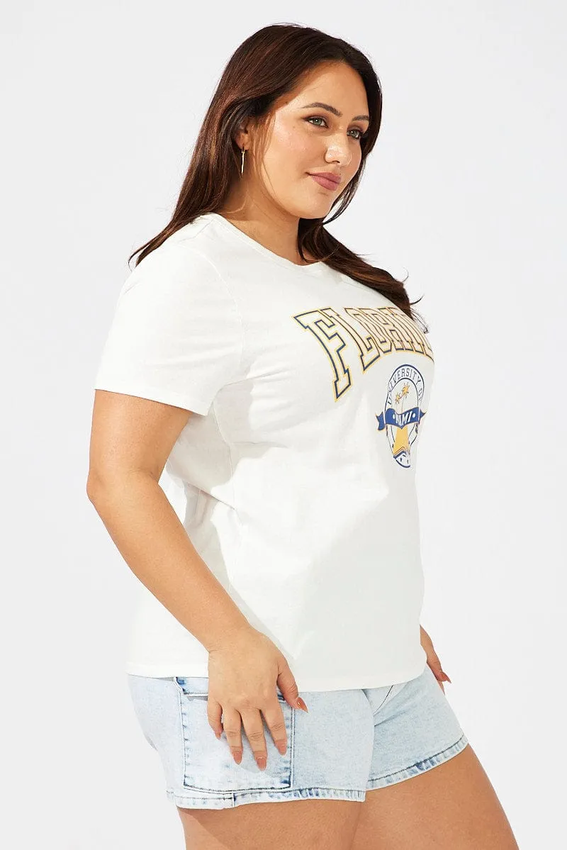 White Graphic T-shirt Short Sleeve Crew Neck Odor Control Finish Simple and Cozy