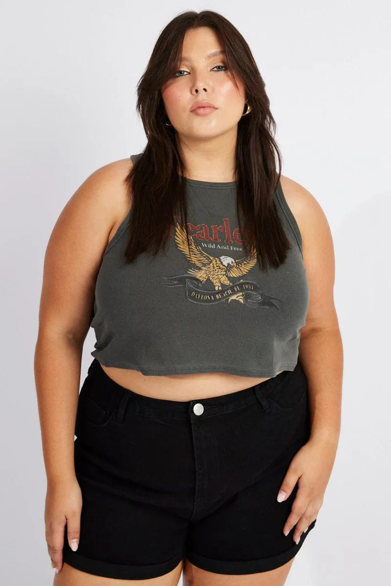 Grey Graphic Tank Top Crew Neck HypoallergenicFabric