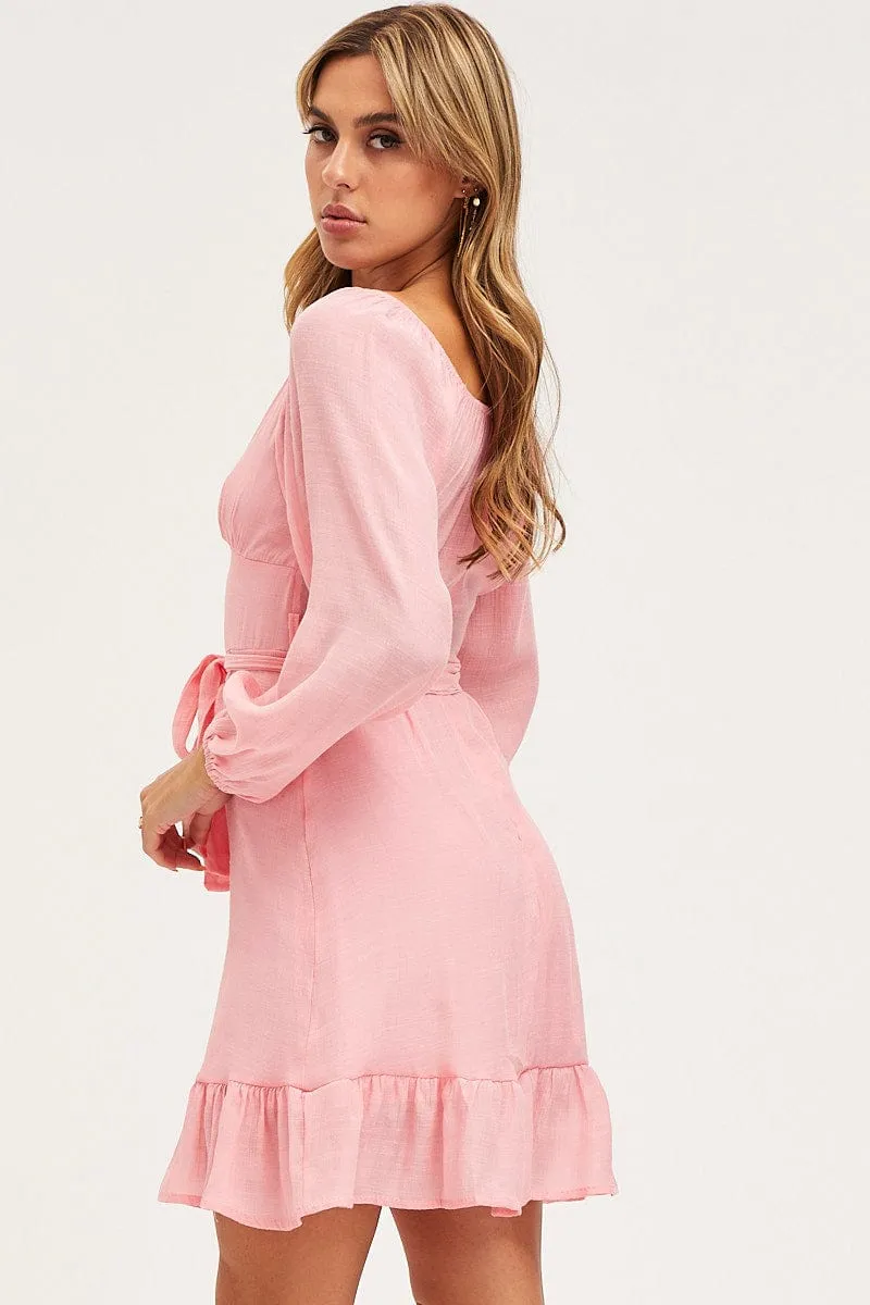 MicroPerforatedTexture Pink Skater Dress Long Sleeve Mini Ruffle