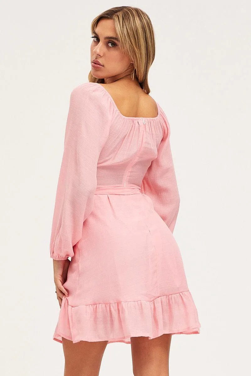 Elegant Pants FlatlockStitching Pink Skater Dress Long Sleeve Mini Ruffle