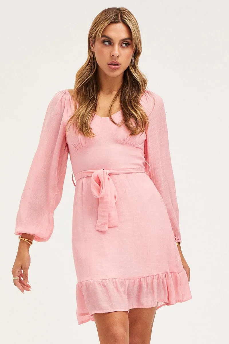 Pink Skater Dress Long Sleeve Mini Ruffle EcoFriendlyDyeProcess