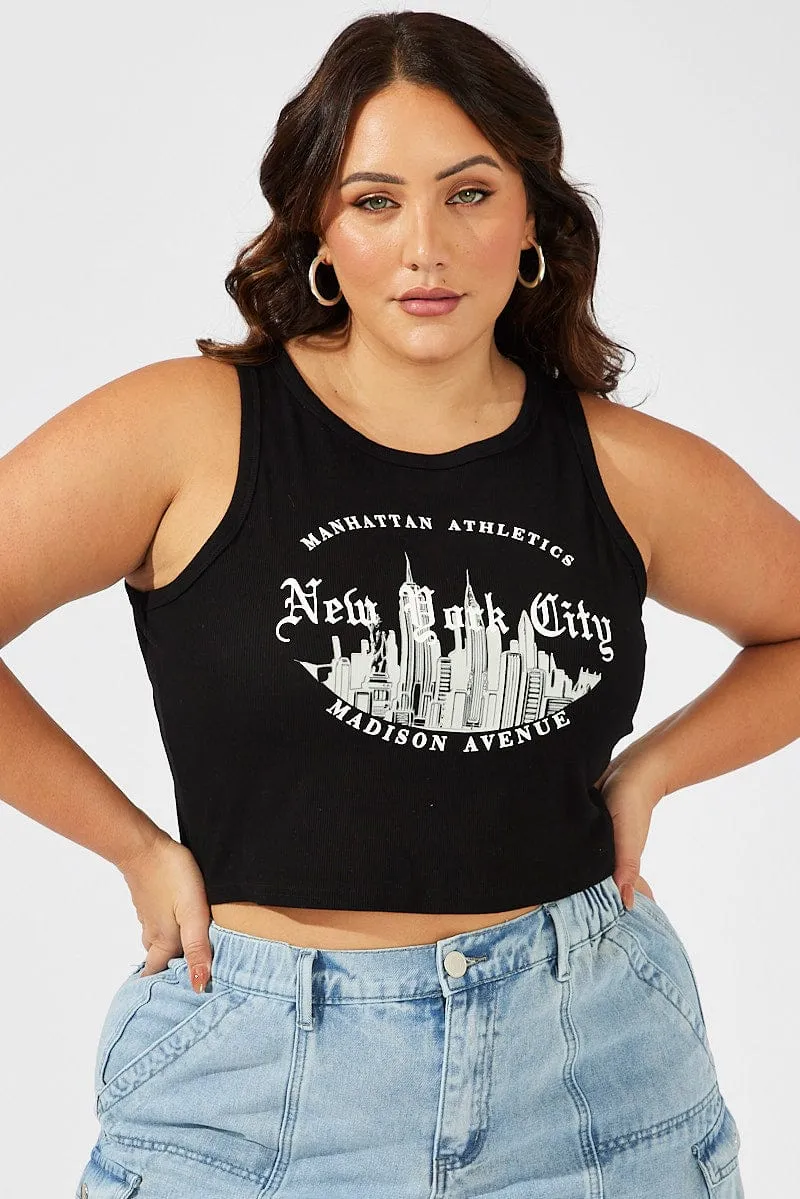 Tech Mood Black Tank Top Sleeveless Crew Neck Graphic New York