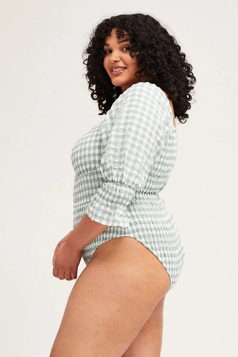 Unique Cut HighVisibility Check Short Sleeve Shirred Bodysuit
