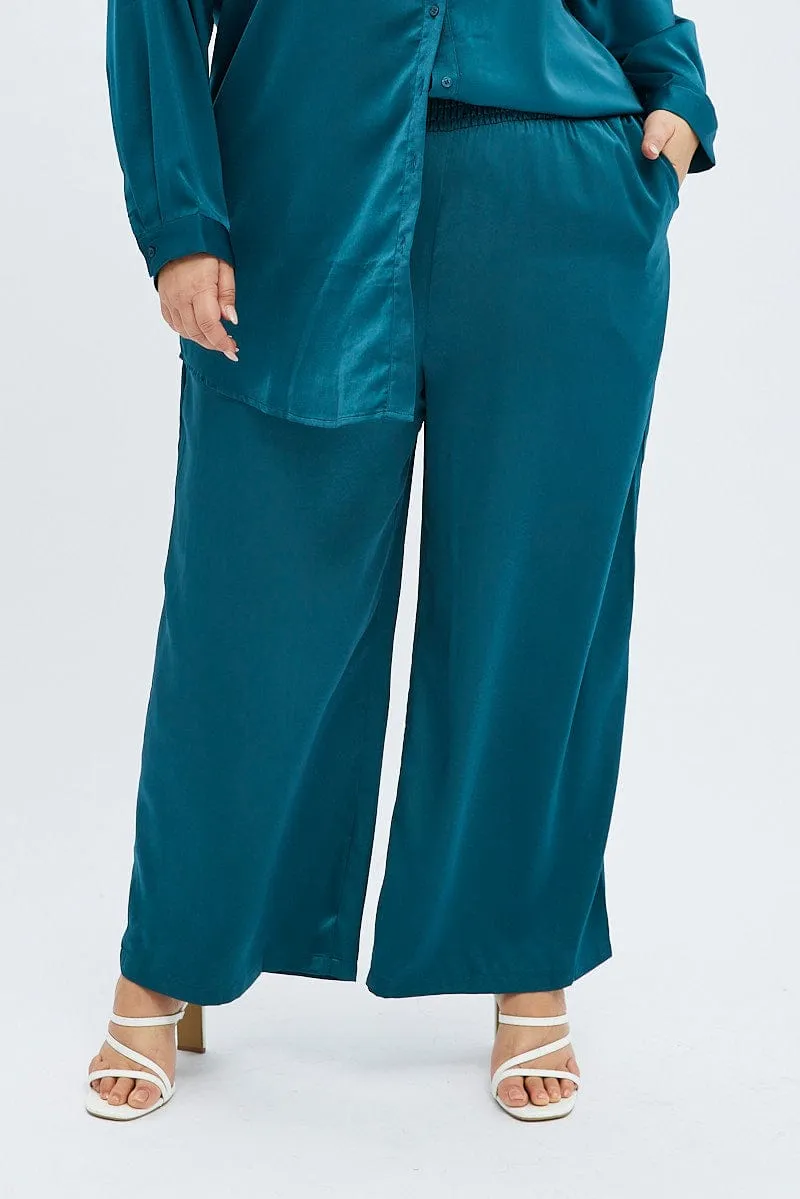 Daily Motion Blue Wide Leg Pants Satin Shirred Waist Pockets