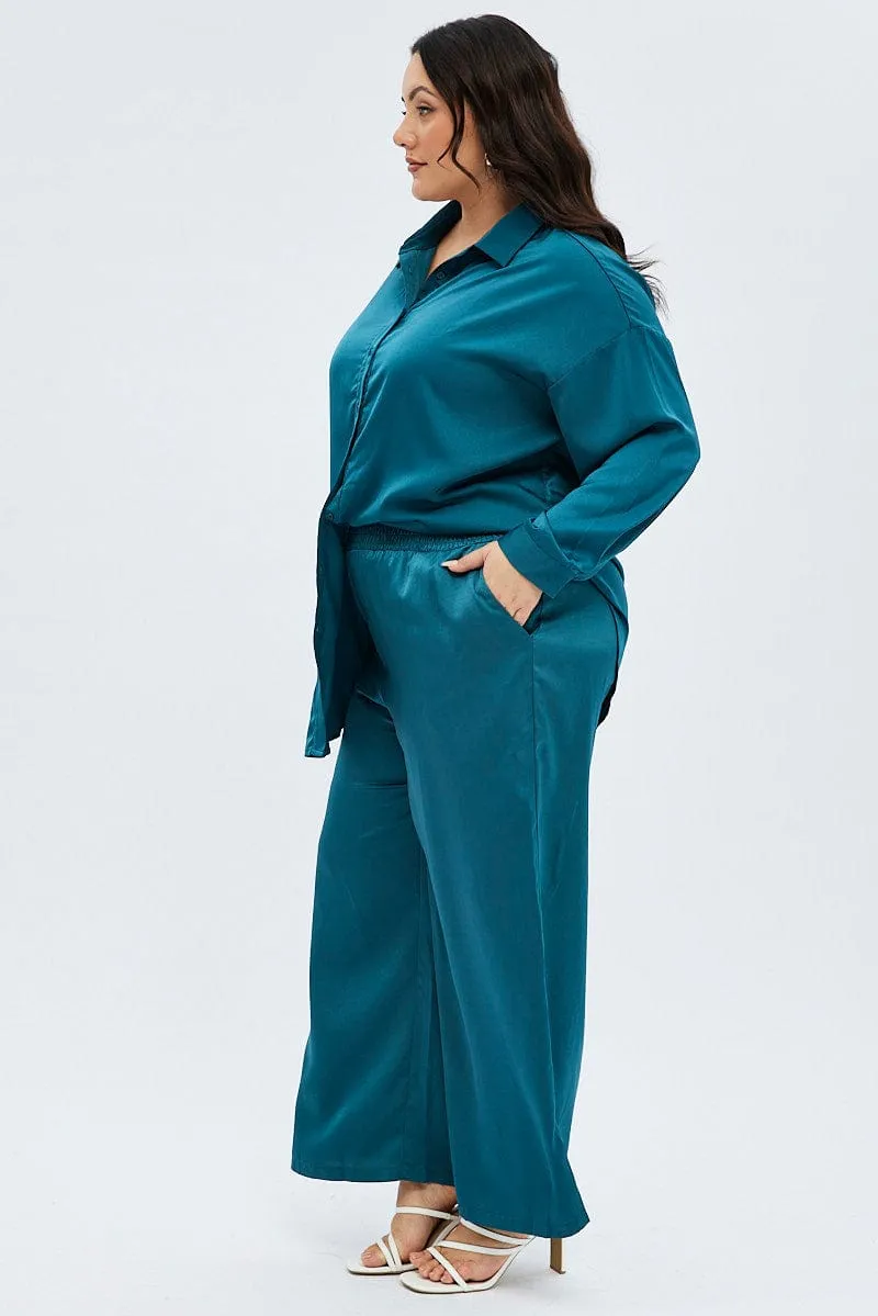 Abrasion Proof Reinforcements NonSlipInnerGrip Blue Wide Leg Pants Satin Shirred Waist Pockets