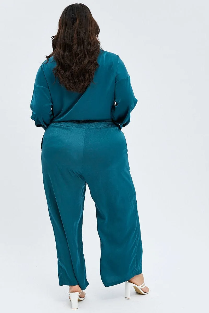 LightweightDesign Blue Wide Leg Pants Satin Shirred Waist Pockets