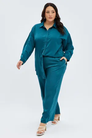 Light Fit Blue Wide Leg Pants Satin Shirred Waist Pockets
