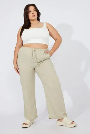 Green Wide Leg Pants Mid Rise Linen Blend Essential Fit Relaxed Wear