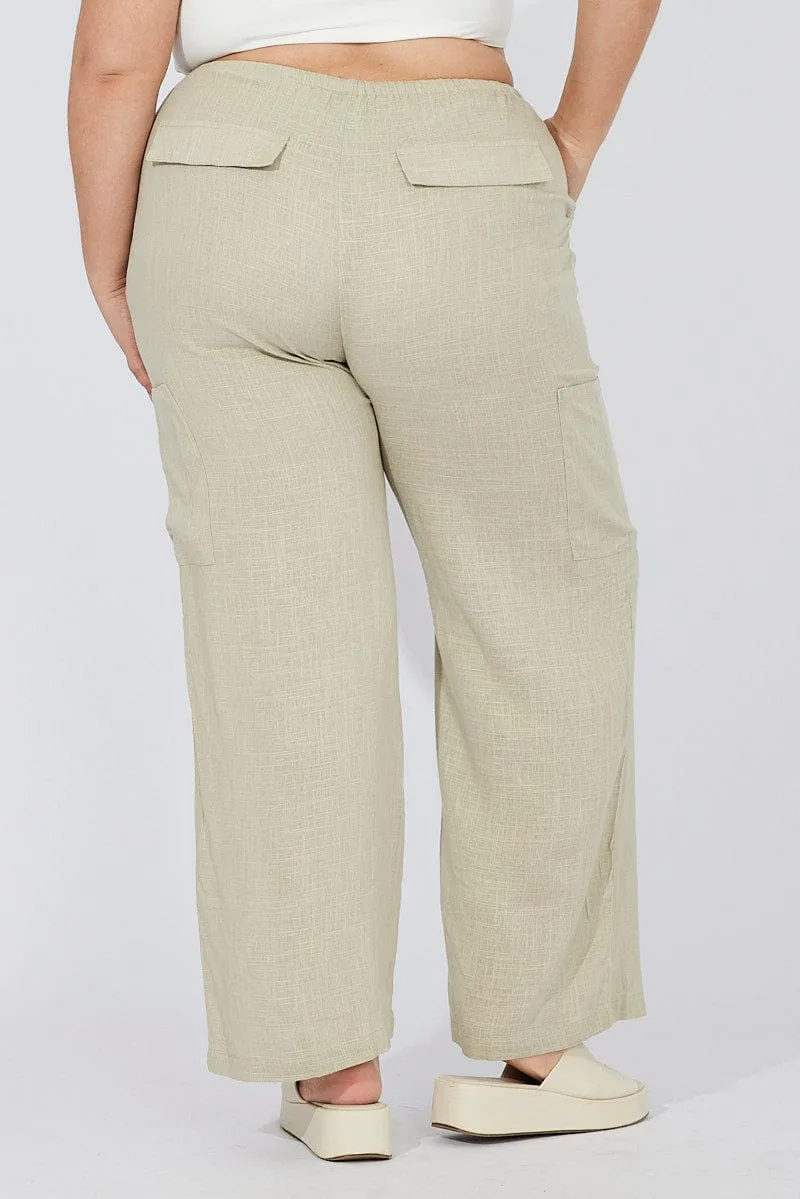 Green Wide Leg Pants Mid Rise Linen Blend Simple Comfort OdorResistantTreatment