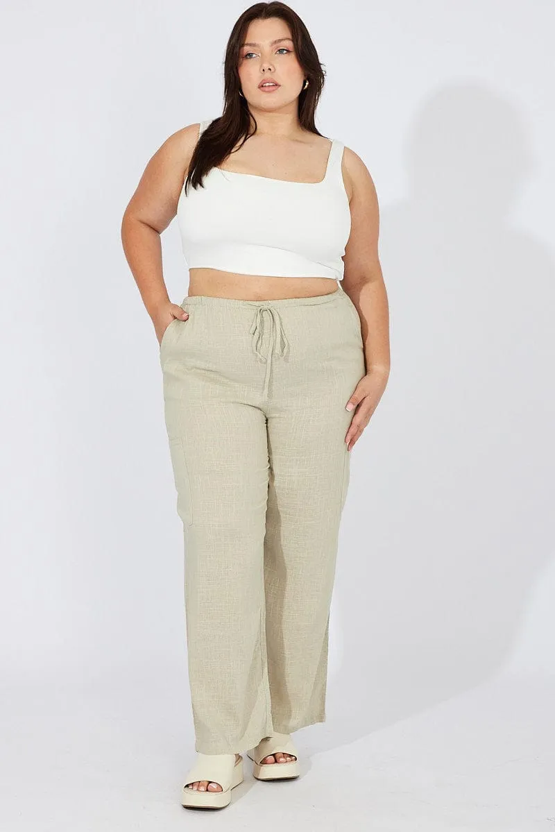 Green Wide Leg Pants Mid Rise Linen Blend Tapered Look Four Way Stretch
