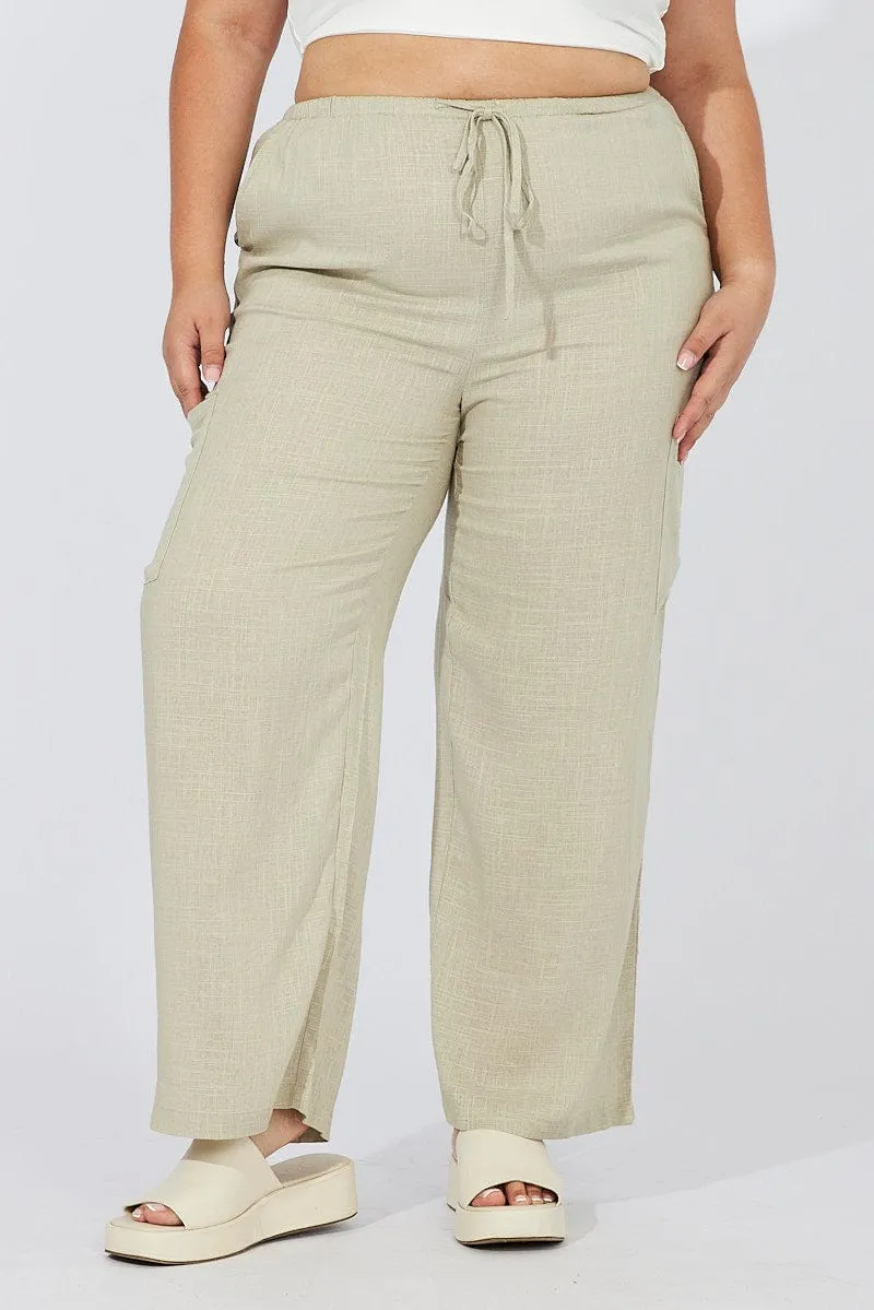 Casual Office Green Wide Leg Pants Mid Rise Linen Blend