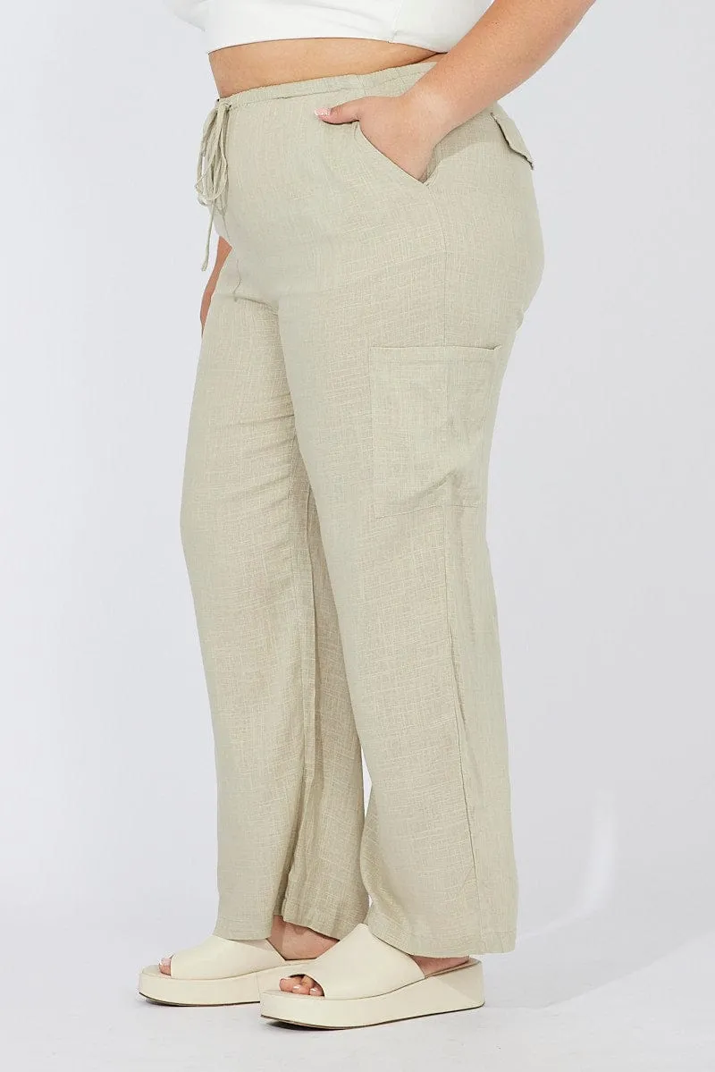 Green Wide Leg Pants Mid Rise Linen Blend Tear Resistant Fabric