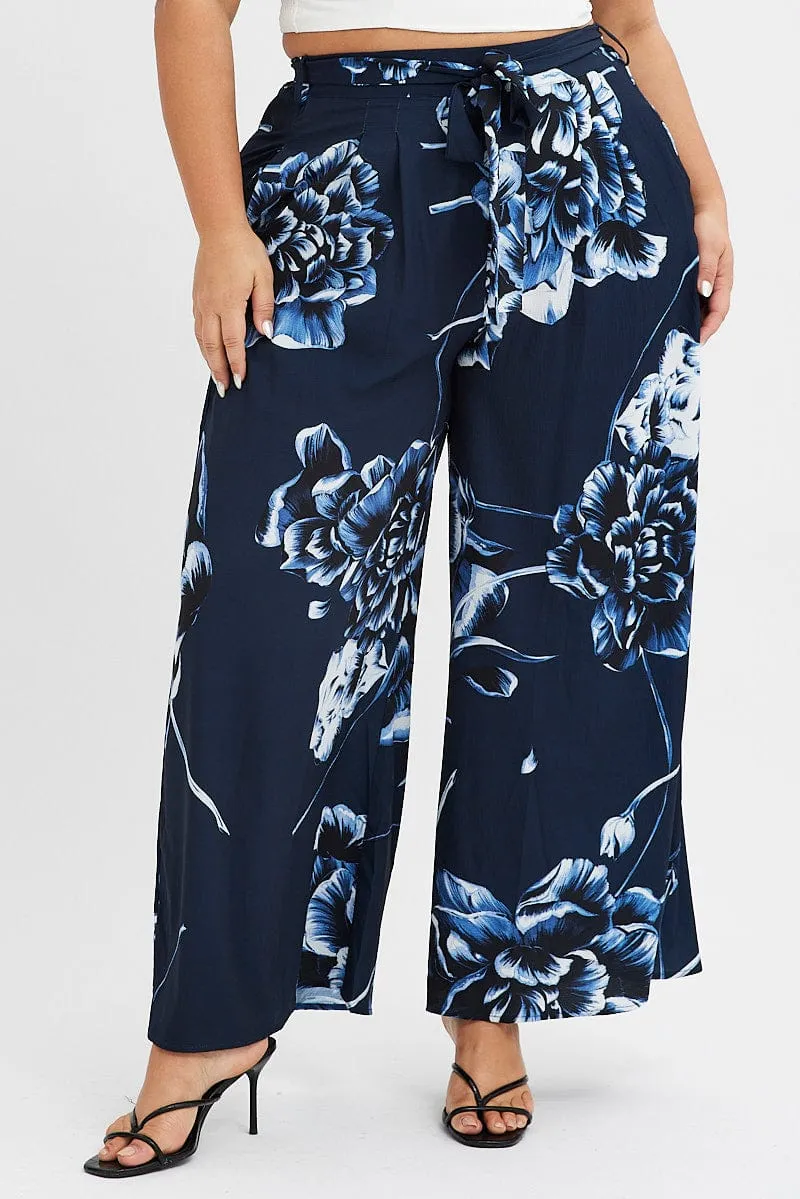 Blue Abstract Wideleg Pants Tie Waist Crepe Casual Essentials Easy Care Fabric