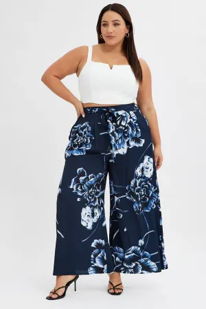 Blue Abstract Wideleg Pants Tie Waist Crepe Active Comfort