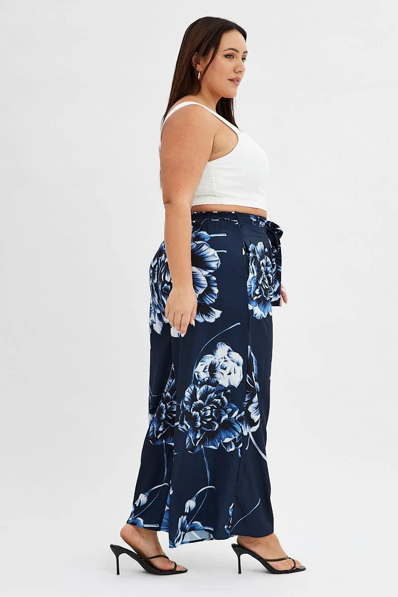 Flex Fit Blue Abstract Wideleg Pants Tie Waist Crepe