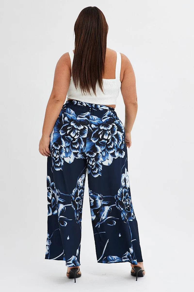 Water Repellent Blue Abstract Wideleg Pants Tie Waist Crepe