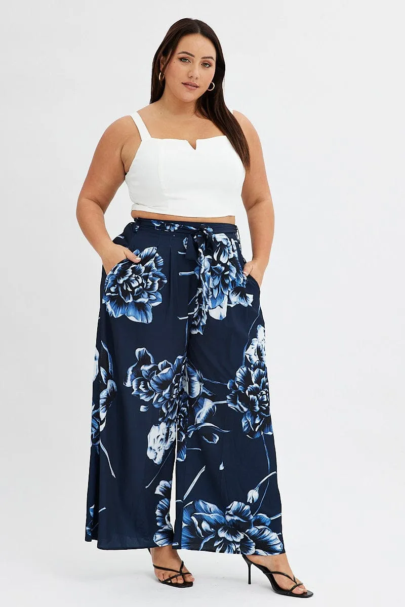 Blue Abstract Wideleg Pants Tie Waist Crepe Multi Pocket Configuration