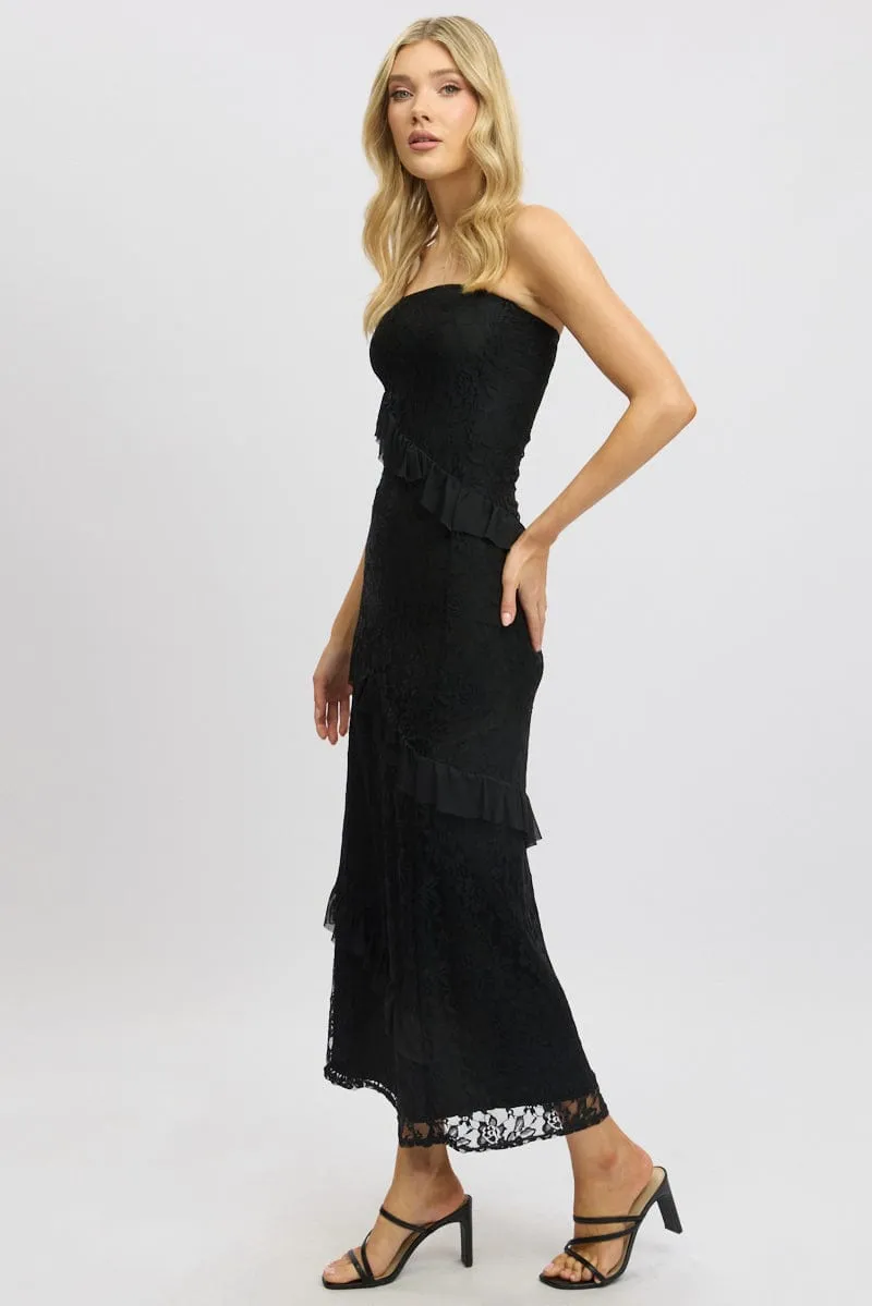 Black Bodycon Dress Boob Tube Ruffle Midi Lace Gloss Fit