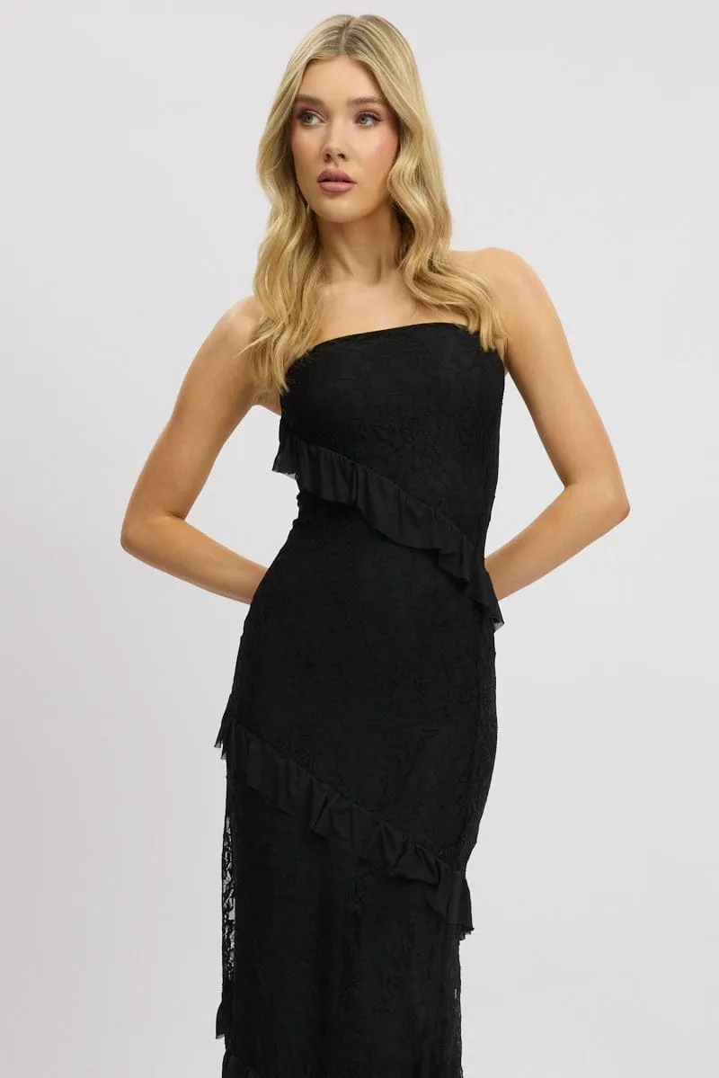 Thick Fiber Black Bodycon Dress Boob Tube Ruffle Midi Lace
