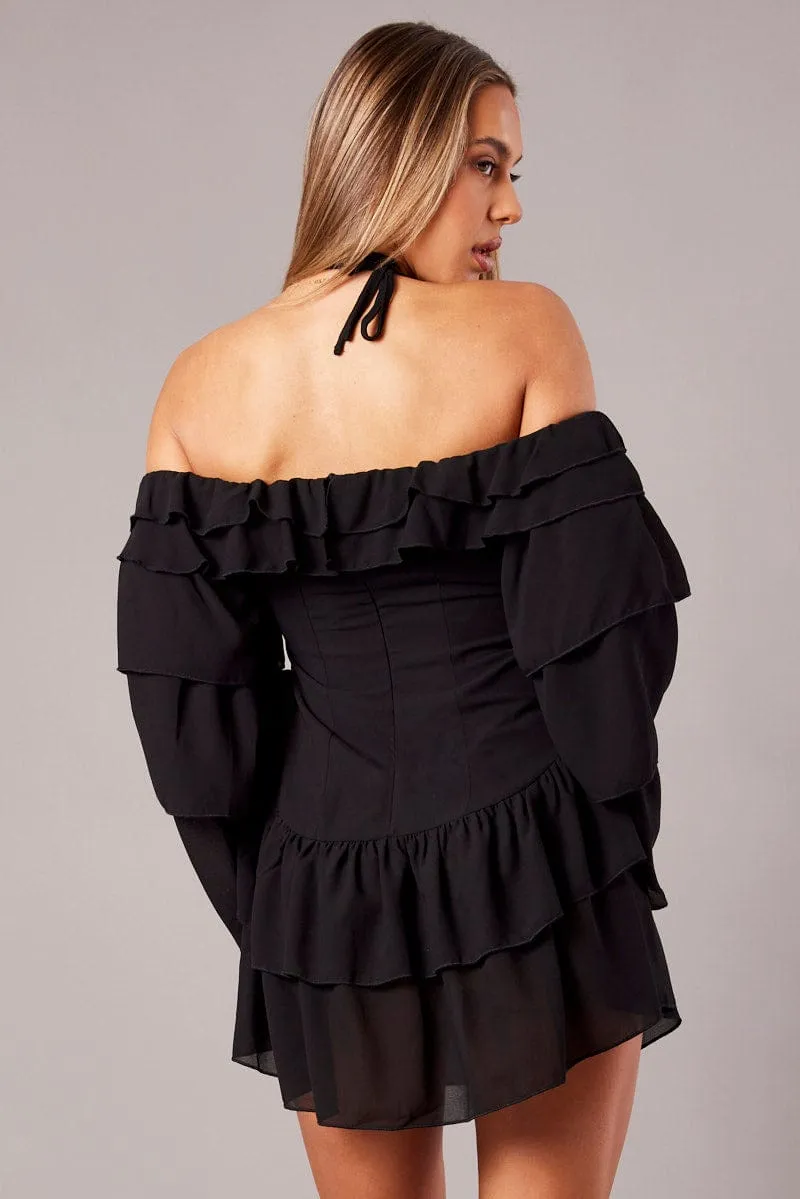 Sustain Glow FadeResistantDye Black Ruffle Dress Bardot Layered Frill Sleeve Dress