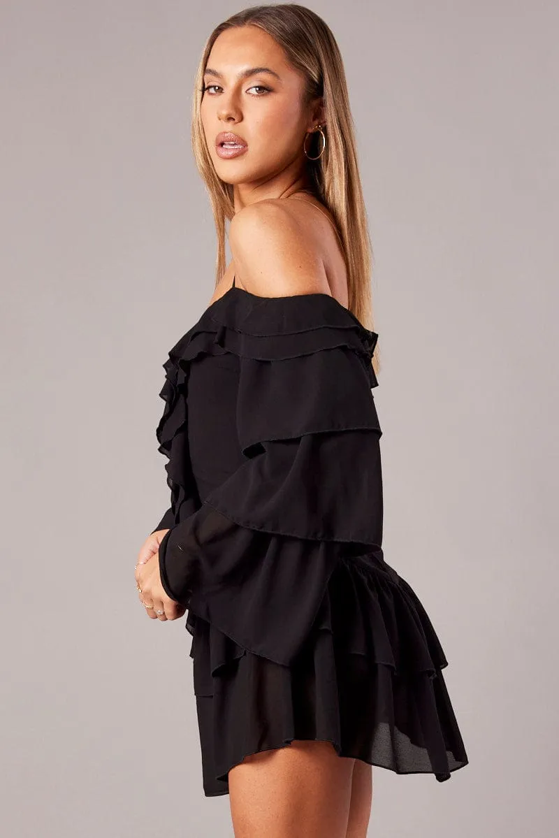 NonIrritatingSeams Black Ruffle Dress Bardot Layered Frill Sleeve Dress