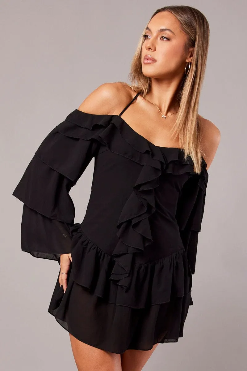 Black Ruffle Dress Bardot Layered Frill Sleeve Dress Fine Weave casual top