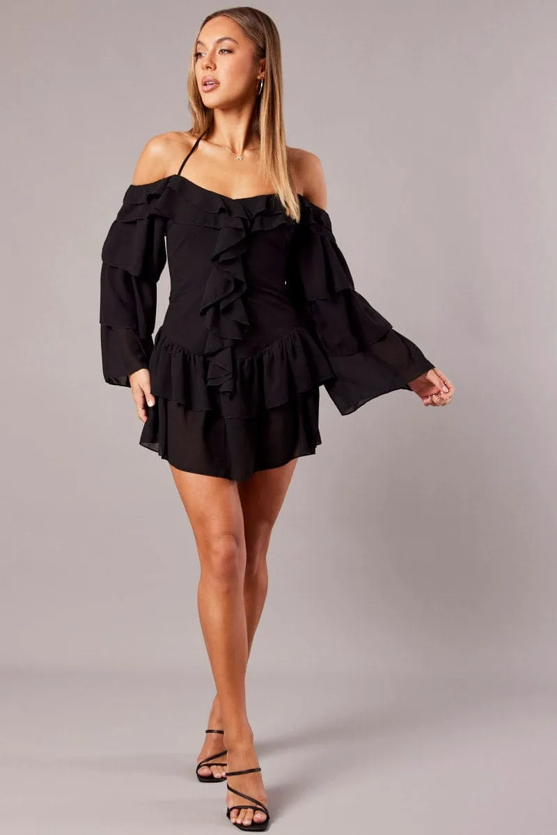 GentleWaistband Layer Safe Black Ruffle Dress Bardot Layered Frill Sleeve Dress