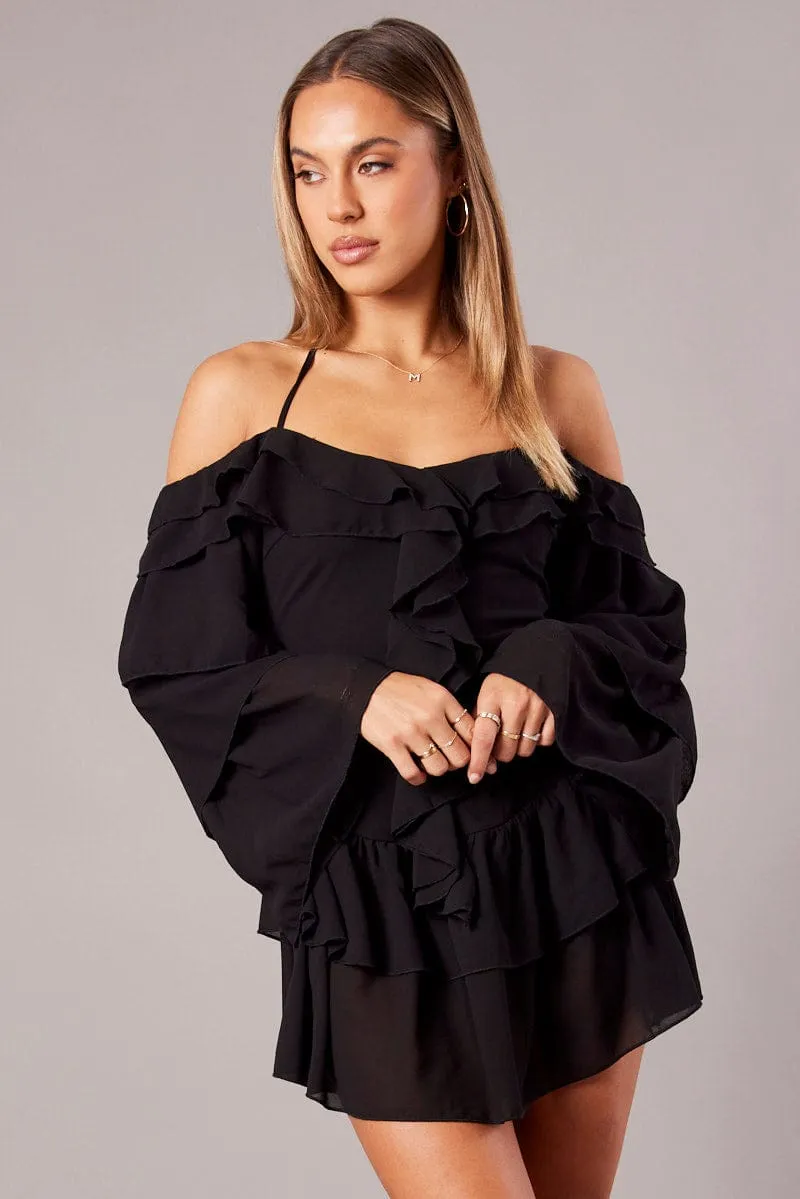 Black Ruffle Dress Bardot Layered Frill Sleeve Dress QuickReleaseFastenings