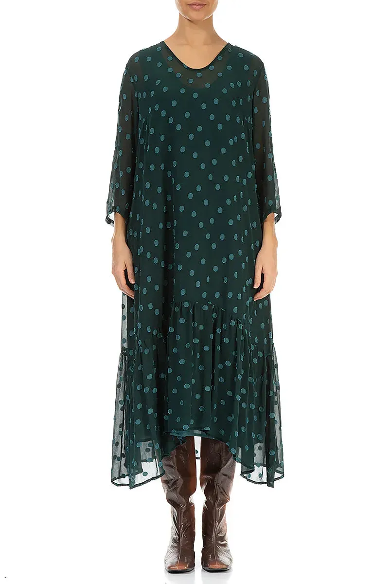 Flared Hem Peacock Dotty Silk Dress Lake Glow