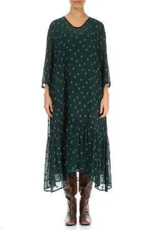 Flared Hem Peacock Dotty Silk Dress Lake Glow