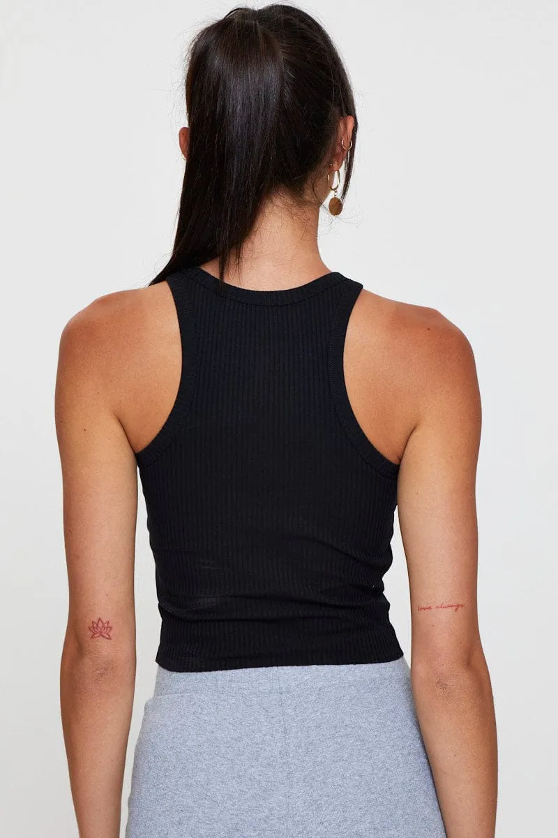 Black Graphic Tank Embroided Smooth Line