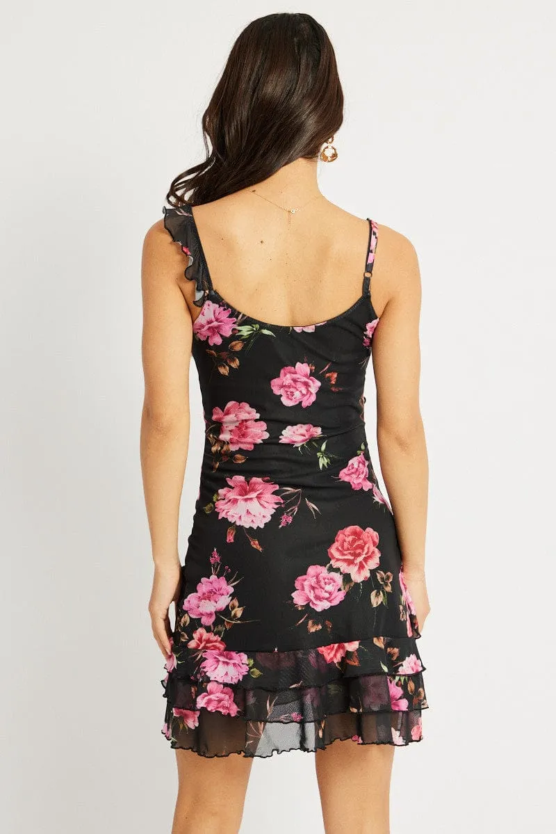 Black Floral Bodycon Dress Ruffle Hem Mini Mesh Hot Core ThermalRegulating Fabric