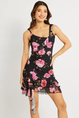 SmoothInnerLining Black Floral Bodycon Dress Ruffle Hem Mini Mesh