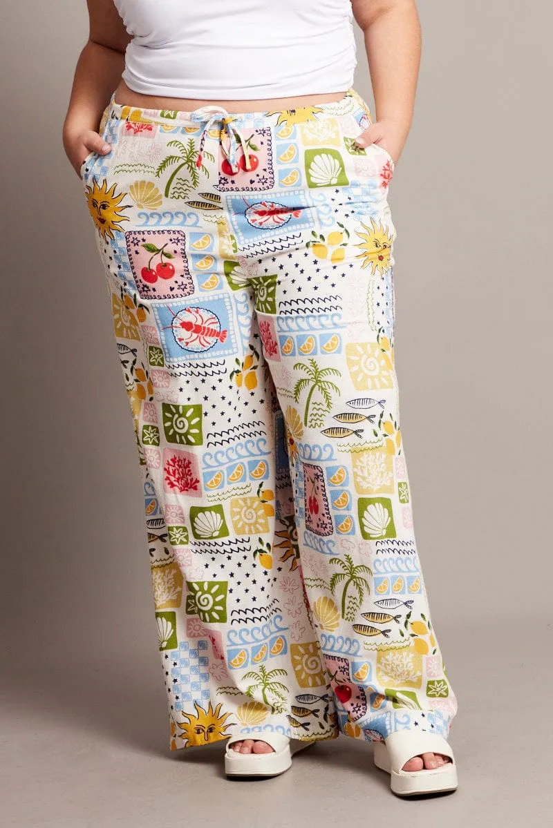 Fashionable Comfort TearResistantPanels Multi Abstract Drawstring Waist Linen Blend Pants